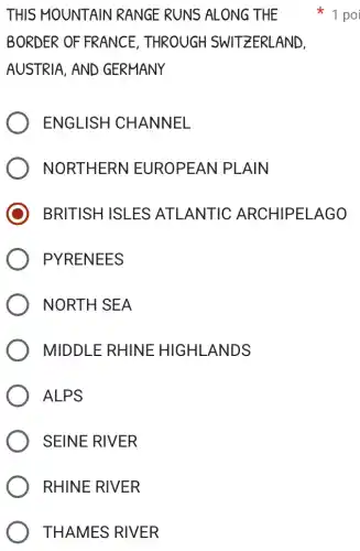 THAMES RIVER
THIS MOUNTAIN RANGE RUNS ALONG THE
BORDER OF FRANCE, THROUGH SWITZERLAND,
AUSTRIA, AND GERMANY
ENGLISH CHANNEL
NORTHERN EUROPEAN PLAIN
BRITISH ISLES ATLANTIC ARCHIPELAGO
PYRENEES
NORTH SEA
MIDDLE RHINE HIGHLANDS
ALPS
SEINE RIVER
RHINE RIVER
1 poi