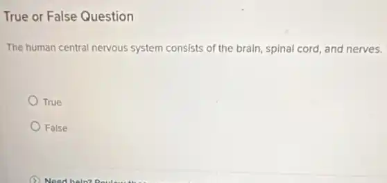 True or False Question
The human central nervous system consists of the brain spinal cord, and nerves.
True
False
