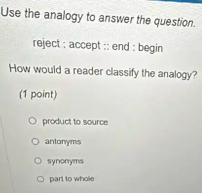 Use the analogy to answer the question.
reject : accept : end : begin
How would a reader classify the analogy?
(1 point)
product to source
antonyms
synonyms
part to whole