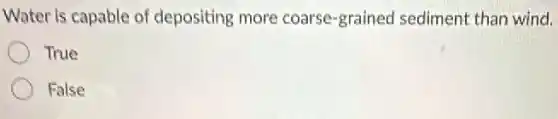 Water is capable of depositing more coarse-grained sediment than wind.
True
False