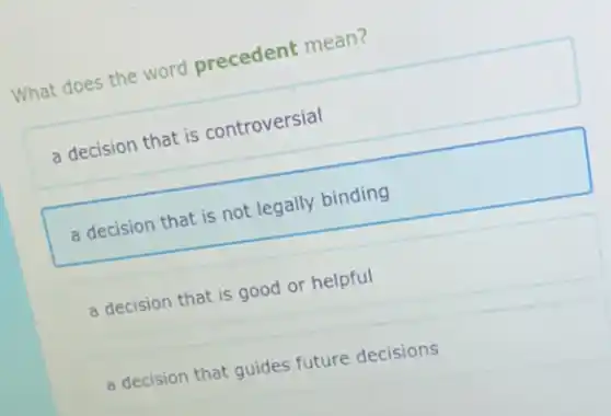 What does the word precedent mean?
a decision that is controversial
a decision that is not legally binding
a decision that is good or helpful
a decision that guides future decisions