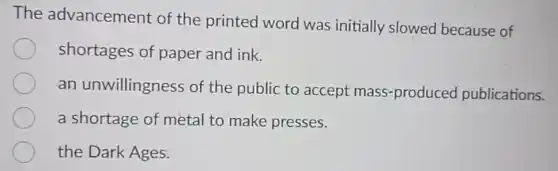 The advancement of the printed word was initially slowed because of
shortages of paper and ink.
an unwillingness of the public to accept mass -produced publications.
a shortage of metal to make presses.
the Dark Ages.