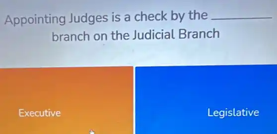 Appointing Judges is a check by the __
branch on the Judicial Branch
Executive
Legislative