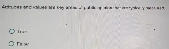Attitudes and values are key areas of public opinion that are typically measured.
True
False