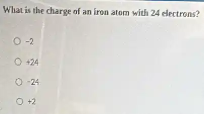 What is the charge of an iron atom with 24 electrons?
-2
+24
-24
+2