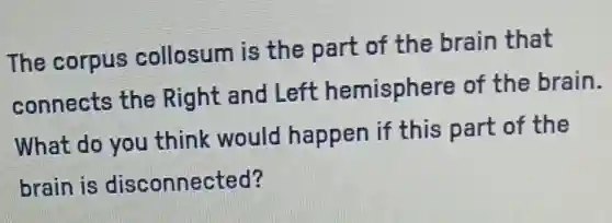 The corpus collosum is the part of the brain that
connects the Right and Left hemisphere of the brain.
What do you think would happen if this part of the
brain is disconnected?