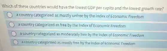 Which of these countries would have the lowest GDP per capita and the lowest growth rate?
a country categorized as mostly unfree by the Index of Economic Freedom
a country categorized as free by the Index of Economic Freedom
a country categorized as moderately free by the Index of Economic Freedom
a country categorized as mostly free by the Index of Economic Freedom