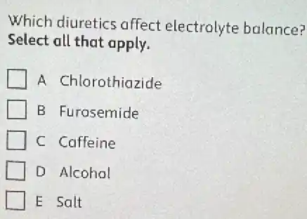 Which diuretics affect electrolyte balance?
Select all that apply.
A Chlorothiazide
B Furosemide
C Caffeine
D Alcohol
E Salt