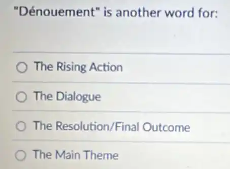 "Dénouement" is another word for:
The Rising Action
The Dialogue
The Resolution/Final Outcome
The Main Theme