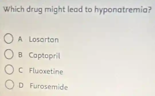 Which drug might lead to hyponatremia?
A Losartan
B Captopril
C Fluoxetine
D Furosemide