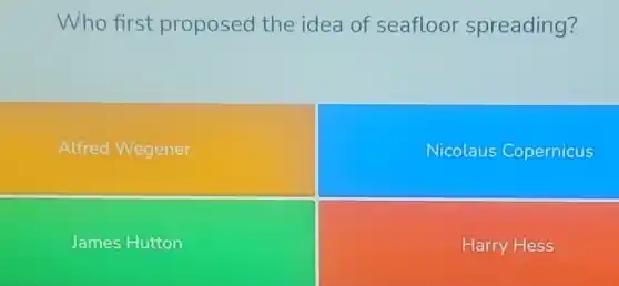 Who first proposed the idea of seafloor spreading?
Alfred Wegener
Nicolaus Copernicus
James Hutton
Harry Hess