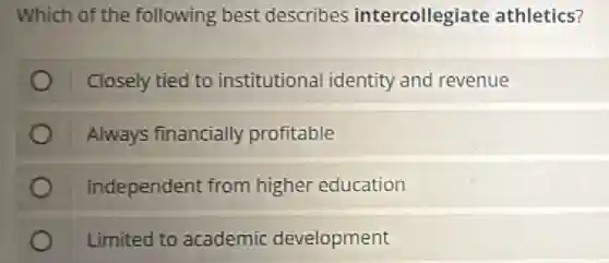 Which of the following best describes intercollegiate athletics?
Closely tied to institutional identity and revenue
Always financially profitable
Independent from higher education
Limited to academic development