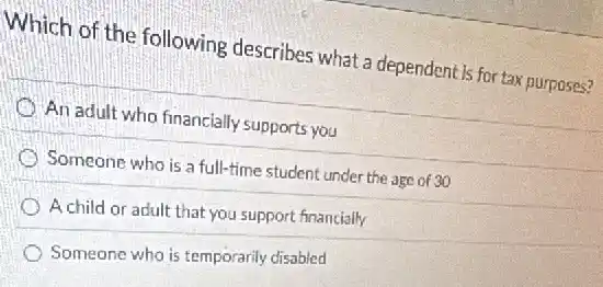 Which of the following describes what a dependent is for tax purposes?
An adult who financially supports you
Someone who is a full-time student under the age of 30
A child or adult that you support financially
Someone who is temporarily disabled