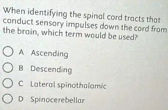 When identifying the spinal cord tracts that
conduct sensory impulses down the cord from
the brain, which term would be used?
A Ascending
B Descending
C Lateral spinothalamic
D Spinocerebellar