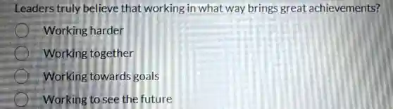 Leaders truly believe that working in what way brings great achievements?
Working harder
Working together
Working towards goals
Working to see the future