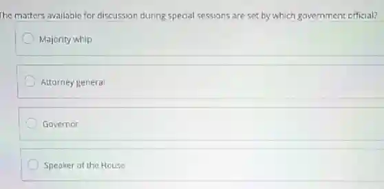 The matters available for discussion during special sessions are set by which government official?
Majority whip
Attorney general
Governor
Speaker of the House