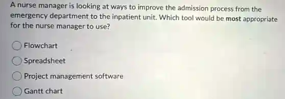 A nurse manager is looking at ways to improve the admission process from the
emergency department to the inpatient unit. Which tool would be most appropriate
for the nurse manager to use?
Flowchart
Spreadsheet
Project management software
Gantt chart