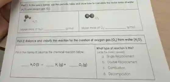Part 1: In the space below, use the periodic table and show how to calculate the molar mass of water
(H_(2)O) and oxygen gas (O_(2))
Molar mass of H2O: H_(2)O:underline ( )g/mol
Part 2: Balance and classify the reaction for the creation of oxygen gas (O_(2)) from water (H_(2)O)
Fill in the blanks to balance the chemical reaction below:
What type of reaction is this?
(circle the correct answer)
a. Single Replacement
b. Double Replacement
c. Combustion
d. Decomposition
underline ( )H_(2)O(l)arrow underline ( )H_(2)(g)+underline ( )O_(2)(g)
Molar mass O_(2):underline ( )g/mol