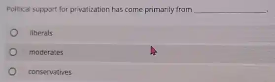 Political support for privatization has come primarily from __
liberals
moderates
conservatives