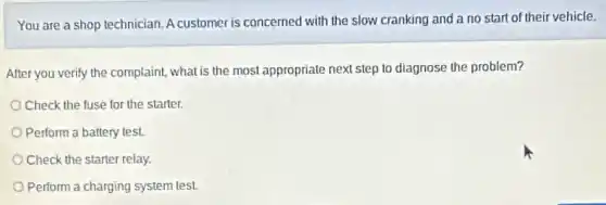 You are a shop technician. A customer is concerned with the slow cranking and a no start of their vehicle.
After you verify the complaint what is the most appropriate next step to diagnose the problem?
Check the fuse for the starter.
Perform a battery test.
Check the starter relay.
Perform a charging system test.