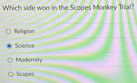 Which side won in the Scopes Monkey Trial?
Religion
Science
Modernity
Scopes