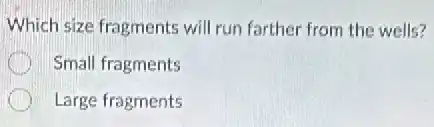 Which size fragments will run farther from the wells?
Small fragments
Large fragments