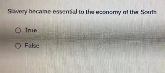 Slavery became essential to the economy of the South.
True
False