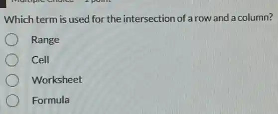 Which term is used for the intersection of a row and a column?
Range
Cell
Worksheet
Formula