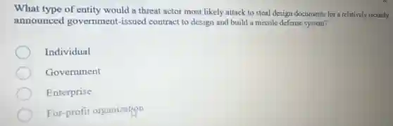What type of entity would a threat actor most likely attack to steal design documents for a relatively recently
announced government-issued contract to design and build a missile defense system?
Individual
Government
Enterprise
For-profit organization