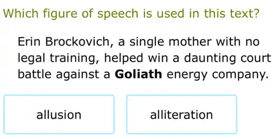 Which figure of speech is used in this text?
Erin Brockovich , a single mother with no
legal training , helped win a daunting court
battle against a Goliath energy company.
allusion
alliteration