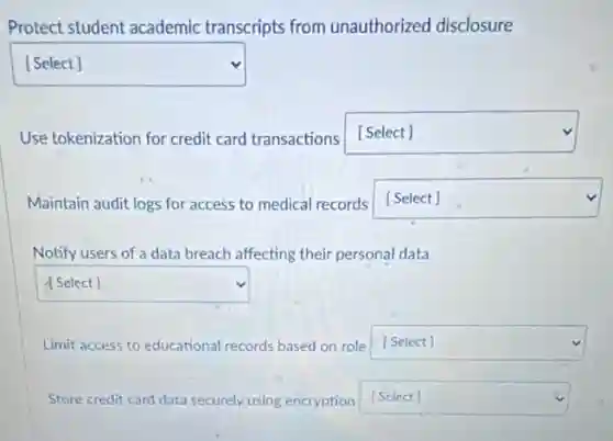 Protect student academic transcripts from unauthorized disclosure
square 
Use tokenization for credit card transactions [Select] square 
Maintain audit logs for access to medical records [Select] square 
Notify users of a data breach affecting their personal data
square  v
Limit access to educational records based on role [Select] square 
Store credit card data securely using encryption Select] square