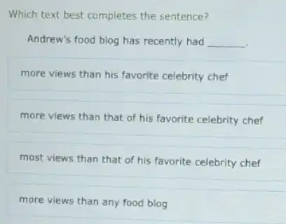 Which text best completes the sentence?
Andrew's food blog has recently had __
more views than his favorite celebrity chef
more views than that of his favorite celebrity chef
most views than that of his favorite celebrity chef
more views than any food blog