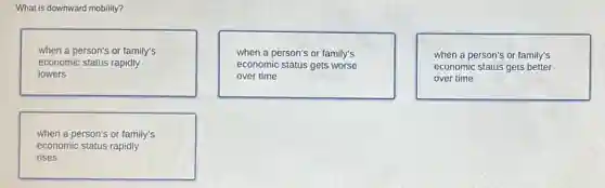 What is downward mobility?
when a person's or family's
economic status rapidly
lowers
when a person's or family's
economic status gets worse
over time
when a person's or family's
economic status gets better
over time
when a person's or family's
economic status rapidly
rises