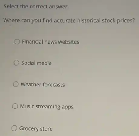Select the correct answer.
Where can you find accurate historical stock prices?
Financial news websites
Social media
Weather forecasts
Music streaming apps
Grocery store