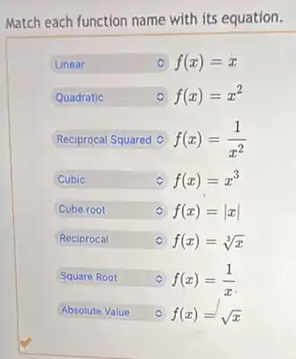 Match each function name with its equation.
square  o f(x)=x
square  o f(x)=x^2
square  f(x)=(1)/(x^2)
square  c f(x)=x^3
square  C f(x)=vert xvert 
square  f(x)=sqrt [3](x)
square  f(x)=(1)/(x)
square  f(x)=sqrt (x) o